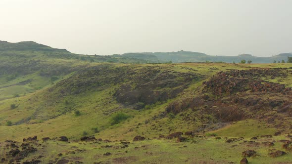 Lush Valley Landscape In Maharashtra, India At Daytime. Natural Scenery Concept. aerial drone