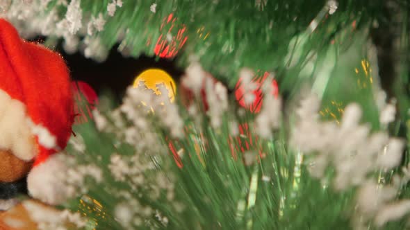 Unusual Decoration Like Teddy - a Toy on Christmas Tree, Bokeh, Light, Black, Garland, Cam Moves To