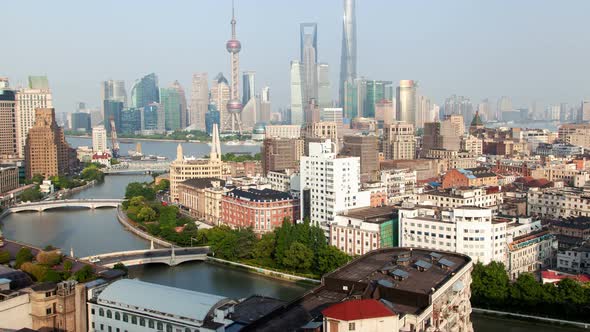 Shanghai Wusong River Cityscape Pan Up