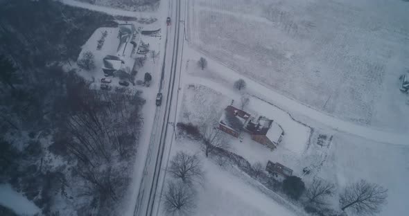 Aerial view of a pickup truck traveling along a highway in Rockland Maine USA