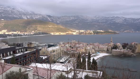 Panorama of Budva in Winter Against the Background of Snowcapped Mountains