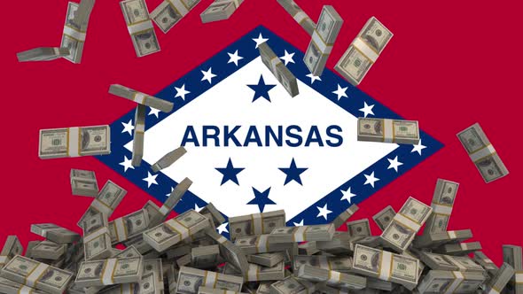 US Dollars falling in front of Arkansas State Flag