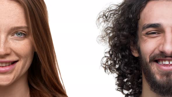 Halfface Portrait of Attractive Multiethnic Man and Woman Girl with Freckles and Curlyhaired Bearded