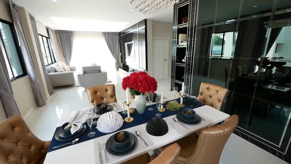 Luxury and Elegance White. Grey and Black Open Plan Home Decoration Idea