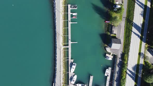 Idyllic pleasure craft marina in Loen Norway - Beautiful top-down aerial showing turquoise colored w