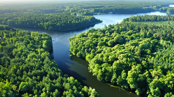 Sunrise over river and forest in Poland, aerial view