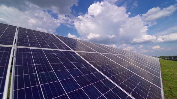 Blue solar panel close-up. Alternative source of electricity on solar energy farm.