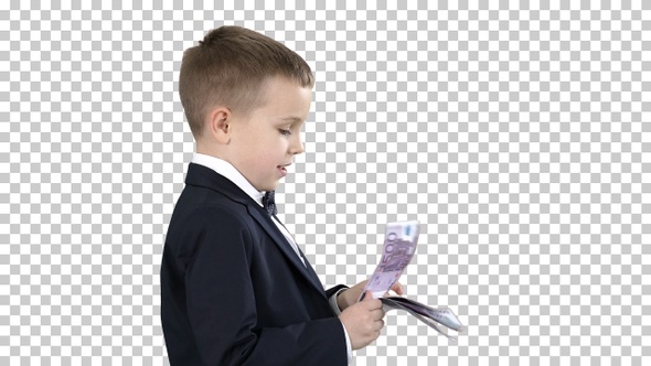 Little boy in black suit counts money, Alpha Channel