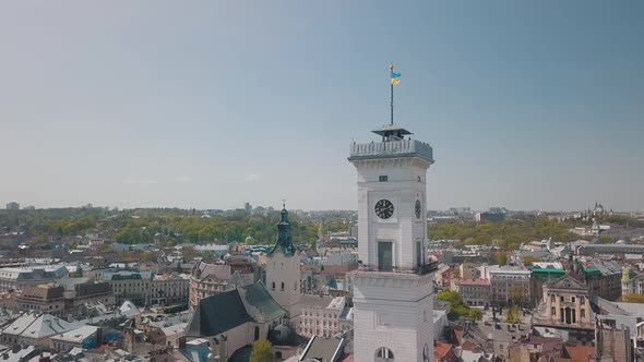 Aerial City Lviv, Ukraine. European City. Popular Areas of the City. Town Hall