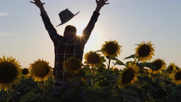 A Farmer Jumps for Happiness in His Field with Sunflowers at Sunrise