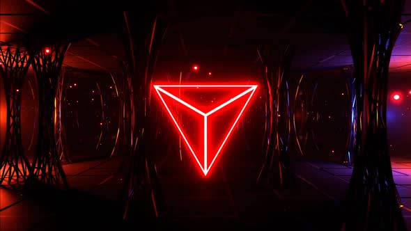 HD Looped 3D animation, seamless abstract glowing neon lamps with neon triangle in a cyber space