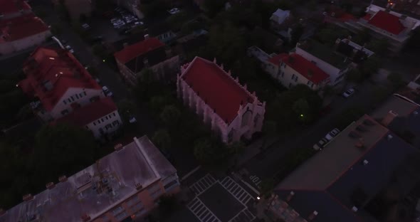 Aerial Rotating View of French Huguenot Church in Downtown Charleston