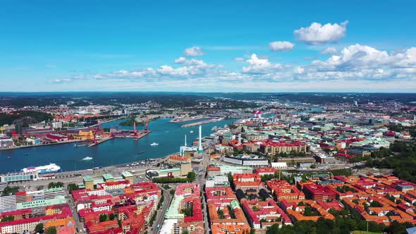 Panoramic View Of Gothenburg City With Gota Alv From Skansen Kronan In Sweden. - aerial panning