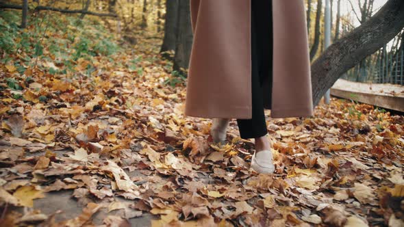 Legs of Woman Walking in Autumn Park