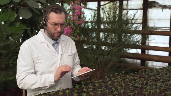 Biologist Examines Seedlings and Counts Them Looks at the Tablet and Checks the Information