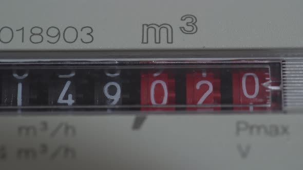 Close up view of the dial or face of a metric gas meter in home