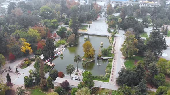 Lake, Lagoon, Quinta Normal urban Park, Santiago capital of Chile, aerial view