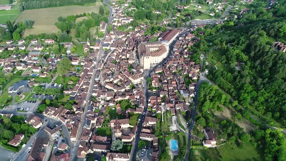 Village of Saint-Cyprien in Perigord in France seen from the sky