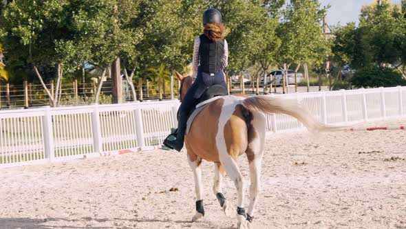 Young Rider With Her Horse Practicing At Fenced Barn On A Sunny Day. - wide