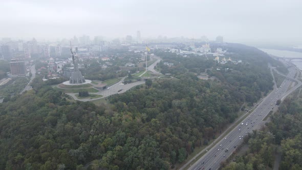 Symbol of Kyiv, Ukraine: Motherland Monument. Aerial View, Slow Motion. Kiev