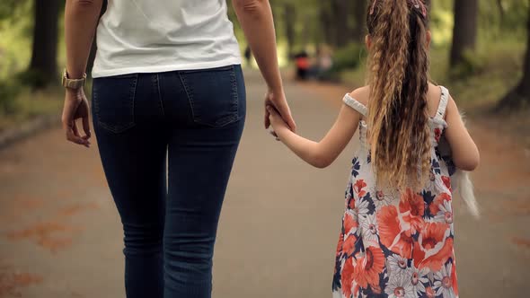 Daughter Walking With Mother Cute Mom With Preschool Daughter Enjoy Activity Together. Relationship