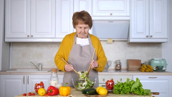 Senior Woman Cooking Salad In The Kitchen. Healthy Lifestyle Concept.