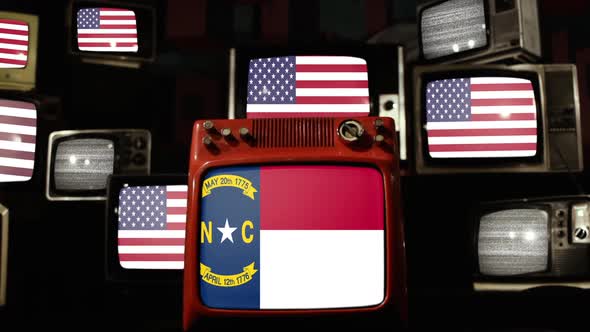 Flag of North Carolina and US Flags on Retro TVs.