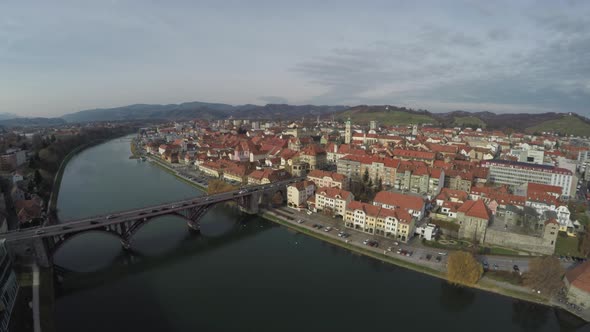 Aerial view of the Maribor city and Drava River