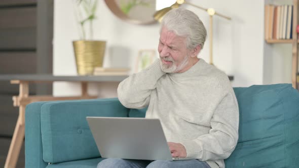 Laptop Work By Old Man with Neck Pain on Sofa 