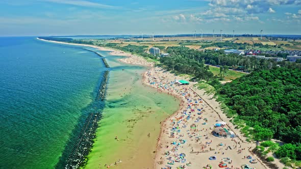 Aerial view of Darlowko beach with people, Baltic Sea