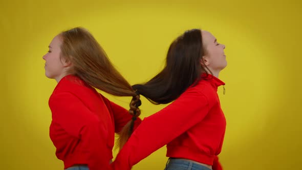 Side View Young Twin Sisters with Braided Hair Trying Disconnect