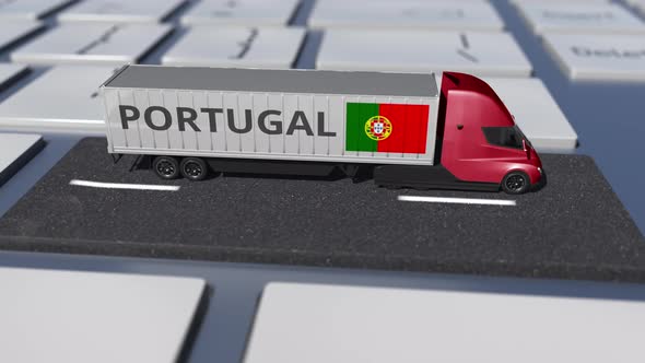 Flag of Portugal on Moving Truck and Computer Keyboard