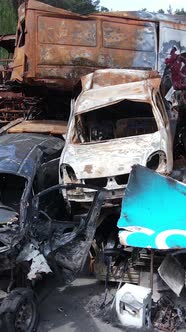 Vertical Video of Destroyed and Shot Cars in the City of Irpin Ukraine  the Consequences of the War