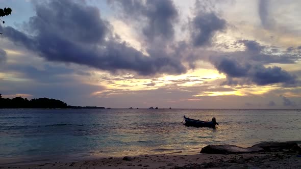 Drone scenery of tropical bay beach wildlife by blue sea with sand background