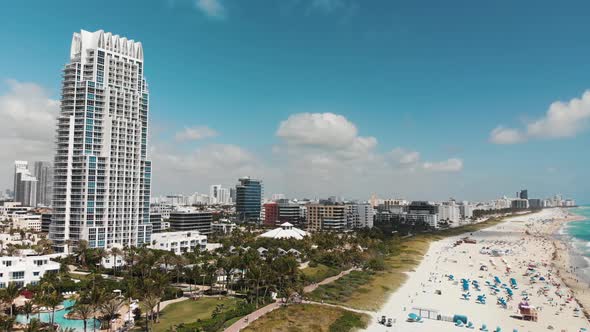 Amazing Aerial View of Miami Beach Coastline From Drone on a Sunny Day Slow Motion