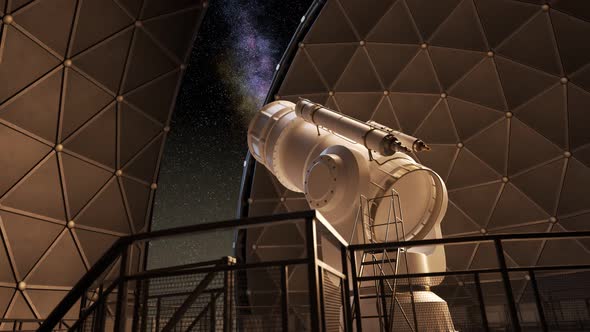 Modern telescope inside the observatory dome tracking star constellation. 4KHD