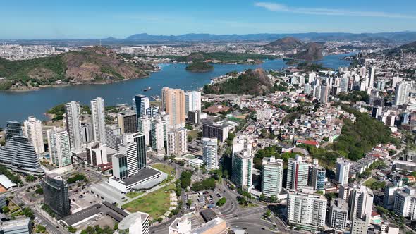 Aerial cityscape of downtown Vitoria Espirito Santo Brazil.