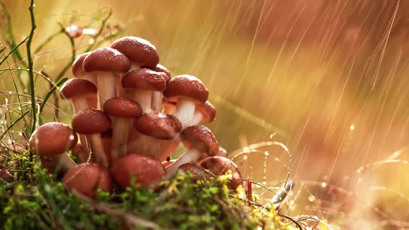 Armillaria Mushrooms of Honey Agaric In a Sunny Forest in the Rain