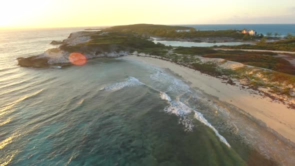 Aerial drone view of a deserted beach in the Bahamas, Caribbean. 