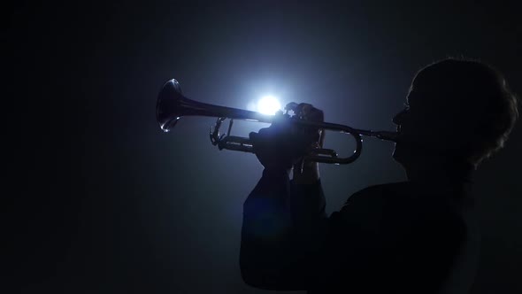 Instrumentalist Plays on a Trumpet Fast Melody. Studio in Smoke