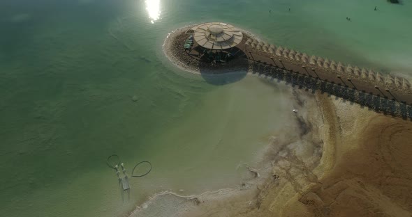 Aerial view of a gazebo and salt water. The Dead sea, Negev, Israel.