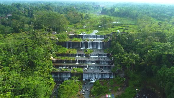 Aerial view Grojogan Watu purbo waterfall is very beautiful located Sleman, Yogyakarta, Indonesia