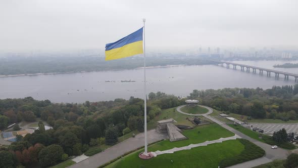 Aerial View of the Flag of Ukraine in Kyiv. Slow Motion. Kiev