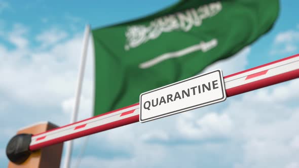 Open Gate with QUARANTINE Sign at Flag of Saudi Arabia alt