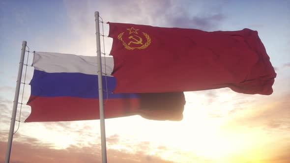 URSS Soviet Union and Russia Flag Waving at Wind at Sunset