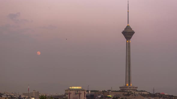 Moon Rese Over Air Pollution on Milad Tower in Big City of Tehran in Iran Middle East in Asia in Gra