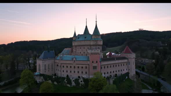 Aerial view of Bojnice Castle in Slovakia - Sunset