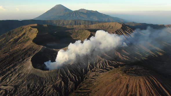 High Active Volcano Eruption with Clouds of Smoke on Mount Bromo