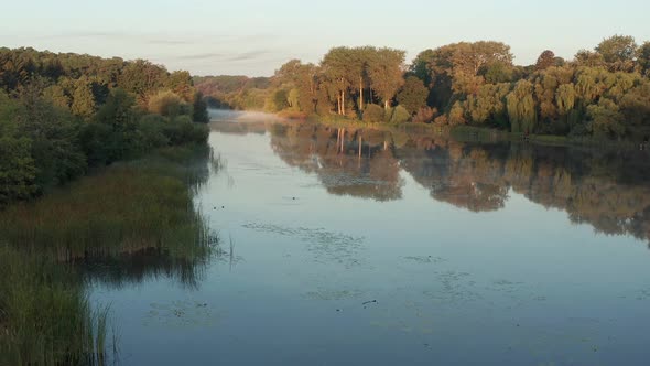 Beautiful morning, summer flight over the river. Fog, trees.