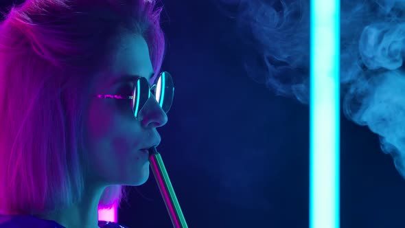 Portrait Young Stylish Woman Sunglasses Smoking Hookah Blowing Out Puffs Smoke